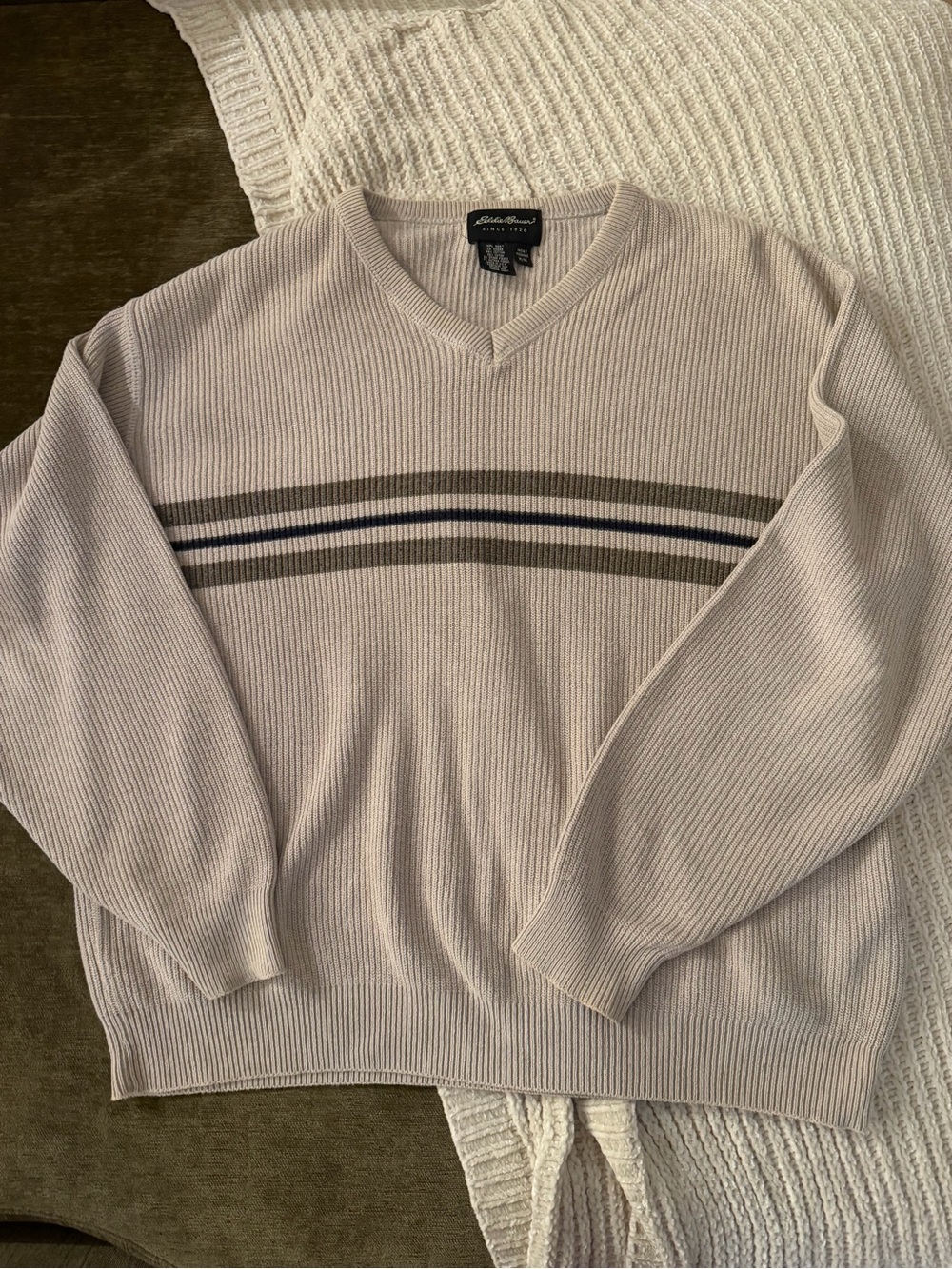 Eddie Bauer Beige V-Neck Sweater with Stripe Detail